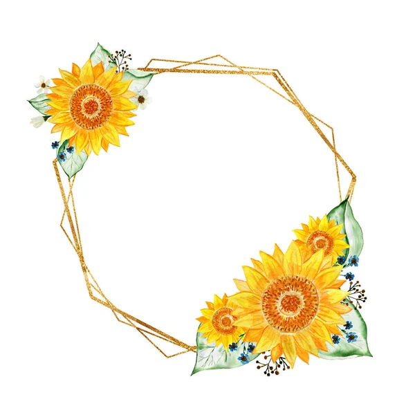 Gold frames with elements of sunflowers and leaves. Bouquet of sunflowers. Watercolor flower arrangement. Illustration for invitations and postcards.