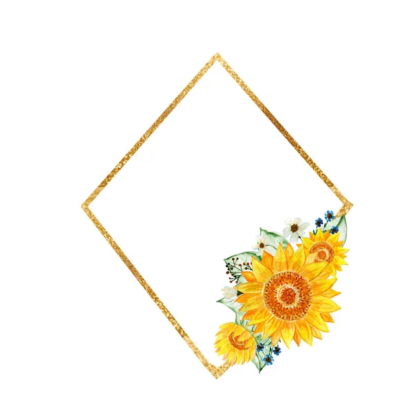Gold frames with elements of sunflowers and leaves. Bouquet of sunflowers. Watercolor flower arrangement. Illustration for invitations and postcards. — Stock Photo, Image