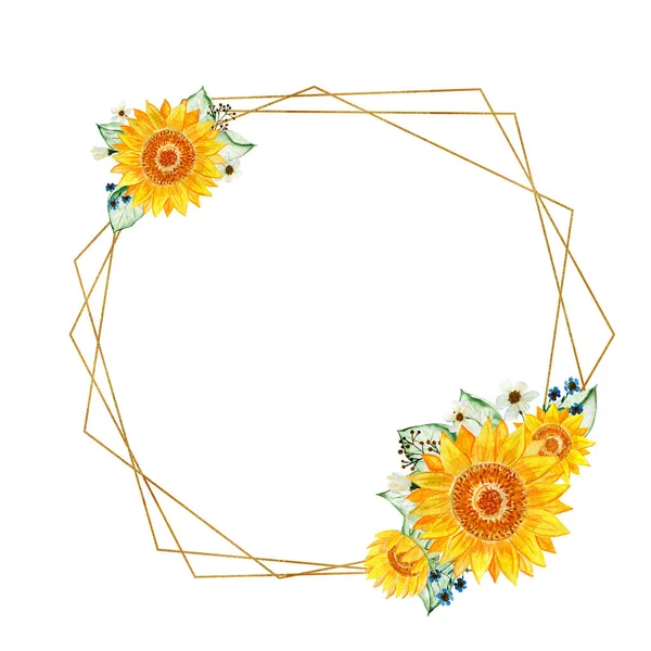 Cadres dorés avec des éléments de tournesols et de feuilles. Bouquet de tournesols. Arrangement de fleurs aquarelle. Illustration pour invitations et cartes postales. — Photo