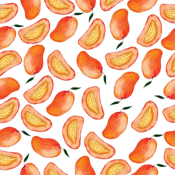 Watercolor mango seamless pattern on a white background. Hand drawn fresh food design elements. Bright interior and graphic design.