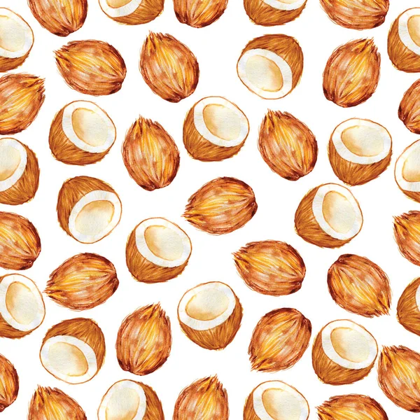 Akvarel bezešvný kokosový vzor na bílém pozadí. Ručně kreslené čerstvé potraviny designové prvky. — Stock fotografie