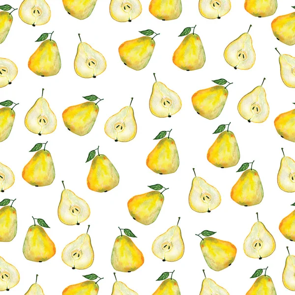 白の背景に水彩シームレス梨のパターン。手描きの生鮮食品のデザイン要素 — ストック写真