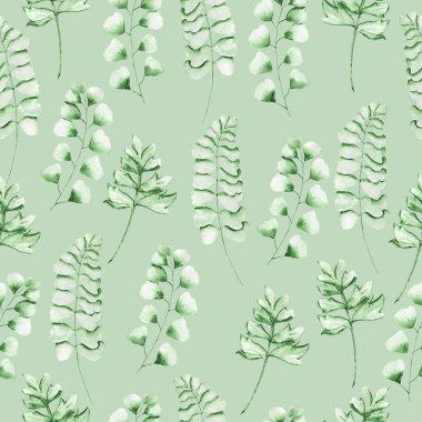 Eğrelti otu yapraklı suluboya deseni. Kumaş ve ambalaj kağıdı dokusu. Bitkisel baskı.