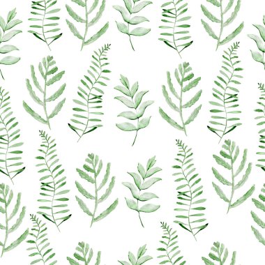 Eğrelti otu yapraklı suluboya deseni. Kumaş ve ambalaj kağıdı dokusu. Bitkisel baskı.