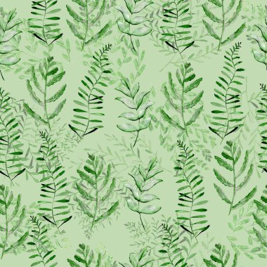 Eğrelti otu yapraklı suluboya deseni. Kumaş ve ambalaj kağıdı dokusu. Bitkisel baskı.