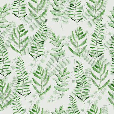 Eğrelti otu yapraklı suluboya deseni. Kumaş ve ambalaj kağıdı dokusu. Bitkisel baskı.