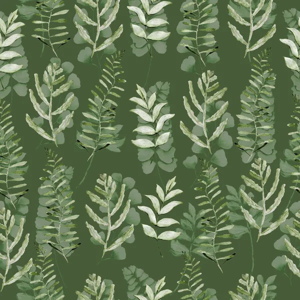 Patrón de acuarela con hojas de helecho. Textura para tela y papel de regalo. Estampado herbal. — Foto de Stock