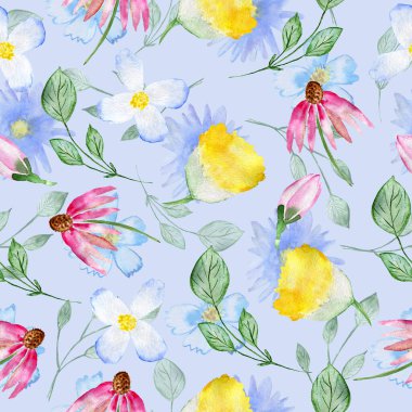 Kusursuz çiçek deseni. Çiçekli suluboya arka plan. Renkli çiçekler. Kumaş ve ambalaj kağıdı çizimi.