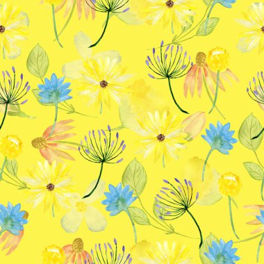 Kusursuz çiçek deseni. Çiçekli suluboya arka plan. Renkli çiçekler. Kumaş ve ambalaj kağıdı çizimi.