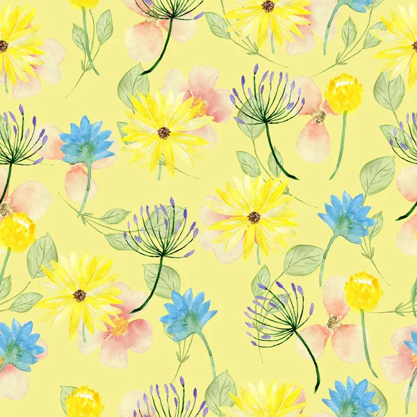 Motivo floreale senza cuciture. Sfondo ad acquerello con fiori. Fiori colorati. Illustrazione per tessuto e carta da imballaggio. — Foto Stock