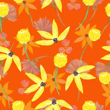 Kusursuz çiçek deseni. Çiçekli suluboya arka plan. Renkli çiçekler. Kumaş ve ambalaj kağıdı çizimi.