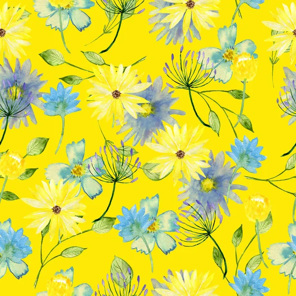 Χωρίς ραφές μοτίβο λουλουδιών. Υδατογραφία φόντο με λουλούδια. Πολύχρωμα λουλούδια. Εικονογράφηση υφάσματος και χαρτιού περιτυλίγματος. — Φωτογραφία Αρχείου