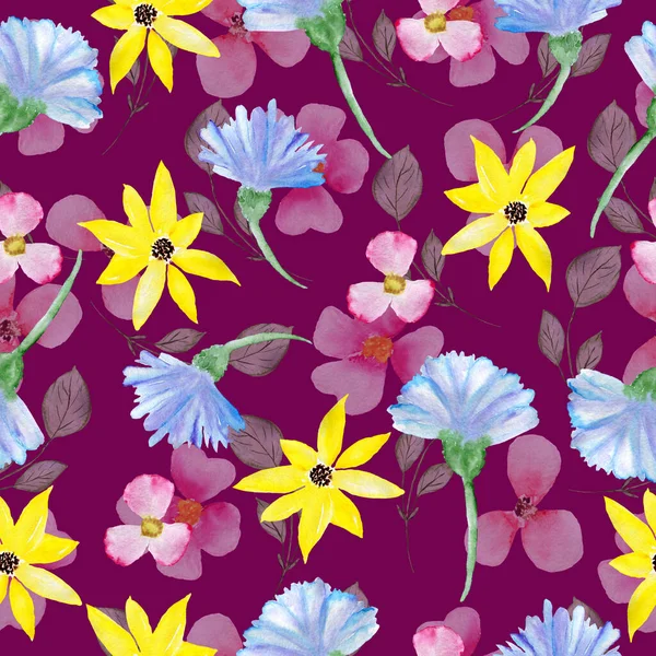 Χωρίς ραφές μοτίβο λουλουδιών. Υδατογραφία φόντο με λουλούδια. Πολύχρωμα λουλούδια. Εικονογράφηση υφάσματος και χαρτιού περιτυλίγματος. — Φωτογραφία Αρχείου