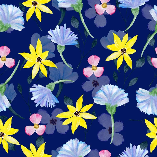Bezešvé květinové vzory. Akvarelové pozadí s květinami. Barevné květiny. Ilustrace pro tkaniny a balicí papír. — Stock fotografie