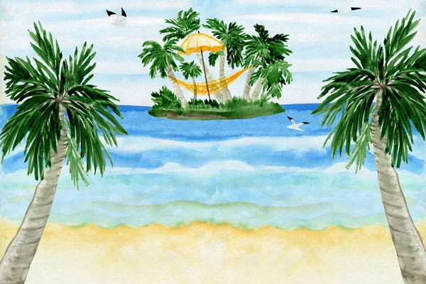 Deniz ve gökyüzü suluboya arkaplan. Palmiye ağaçları. Issız bir ada. Yaz. Suluboya klipsi. Tatil için suluboya ayarlandı. Kartpostallar için tasarım. — Stok fotoğraf