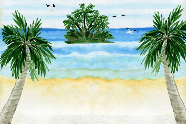 Aquarel achtergrond met zee en lucht. Palmbomen. Een onbewoond eiland. Zomer. Aquarelclip. Waterverfset voor vakantie. Ontwerp voor ansichtkaarten. — Stockfoto