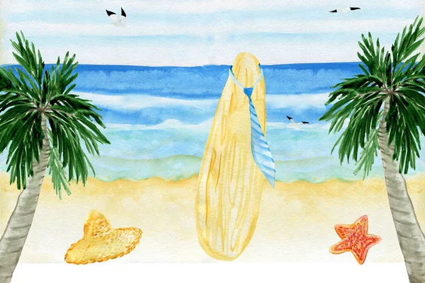 Deniz ve gökyüzü suluboya arkaplan. Palmiye ağaçları. Kravatlı ve hasır şapkalı bir sörf tahtası. Yaz. Suluboya klipsi. Tatil için suluboya ayarlandı. — Stok fotoğraf