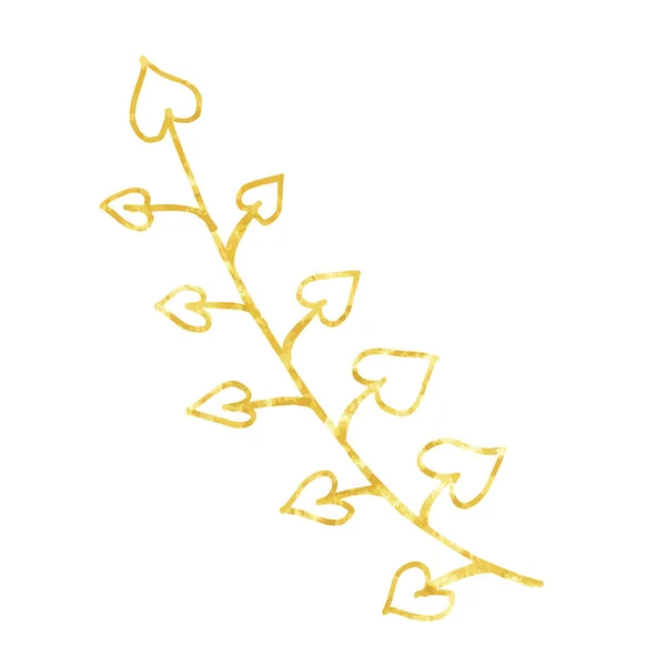 Zlatá větev, lineární listy a semena. Ručně malované izolované na bílém pozadí. Vektor. — Stockový vektor