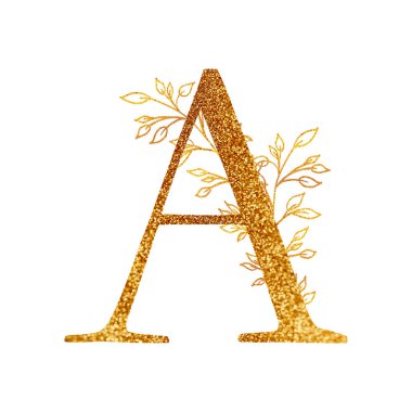 Gold Branch and alphabet - letter A with gold twigs composition.Gold alphabet letter on white background. A logo design element for a collection of T-shirts.