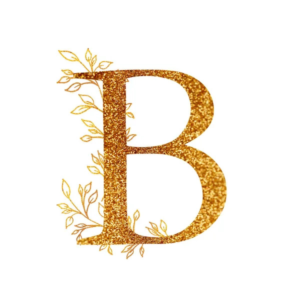 Gold Branch and alphabet - letter B with gold twigs composition.Gold alphabet letter on white background. A logo design element for a collection of T-shirts. — Stok fotoğraf