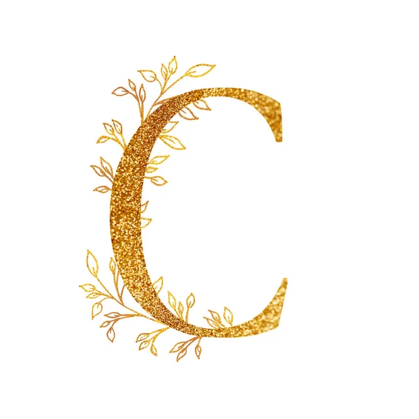 Gold Branch and alphabet - letter C with gold twigs composition.Gold alphabet letter on white background. A logo design element for a collection of T-shirts. — Fotografia de Stock