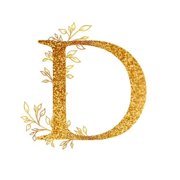 Gold Branch and alphabet - letter D with gold twigs composition.Gold alphabet letter on white background. A logo design element for a collection of T-shirts. — Zdjęcie stockowe
