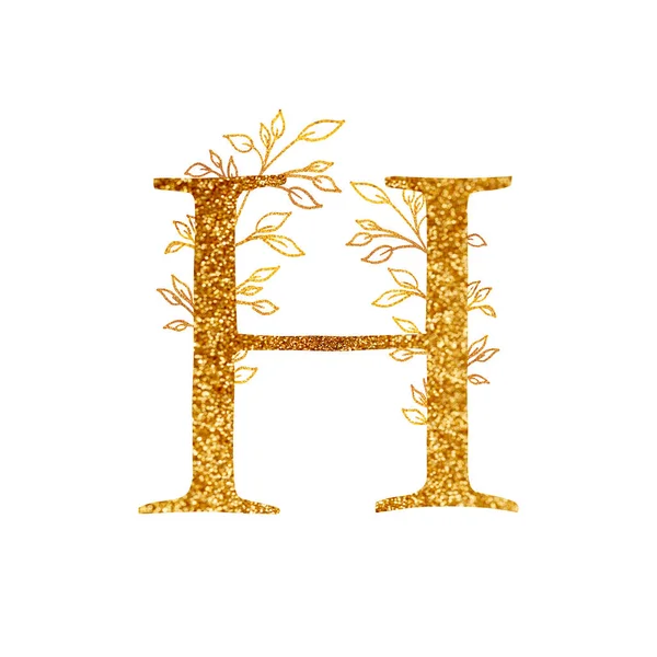 Rama y alfabeto de oro - letra H con composición de ramitas de oro.Letra del alfabeto de oro sobre fondo blanco. Un elemento de diseño de logotipo para una colección de camisetas. —  Fotos de Stock
