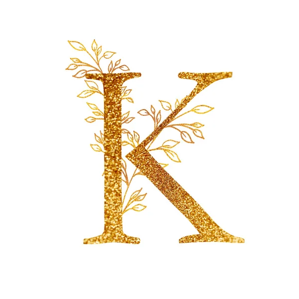 Gold Branch and alphabet - letter A with gold twigs composition.Gold alphabet letter on white background. A logo design element for a collection of T-shirts. — Stok fotoğraf