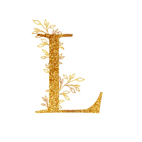 สาขาทองคําและตัวอักษร - ตัวอักษร L กับองค์ประกอบของกิ่งทอง. ตัวอักษรทองบนพื้นหลังสีขาว. องค์ประกอบการออกแบบโลโก้สําหรับคอลเลกชันเสื้อยืด . — ภาพถ่ายสต็อก