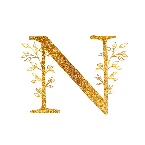 สาขาทองคําและตัวอักษร - ตัวอักษร N กับองค์ประกอบของกิ่งทอง. ตัวอักษรทองบนพื้นหลังสีขาว. องค์ประกอบการออกแบบโลโก้สําหรับคอลเลกชันเสื้อยืด . — ภาพถ่ายสต็อก