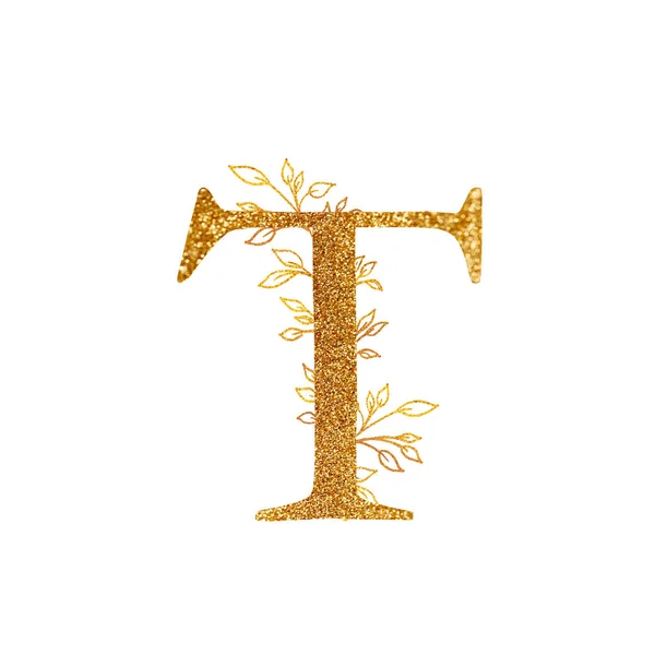 Gold Branch und Alphabet - Buchstabe T mit Goldzweigen Komposition. Gold Alphabet Buchstabe auf weißem Hintergrund. Ein Logo-Gestaltungselement für eine T-Shirt-Kollektion. — Stockfoto