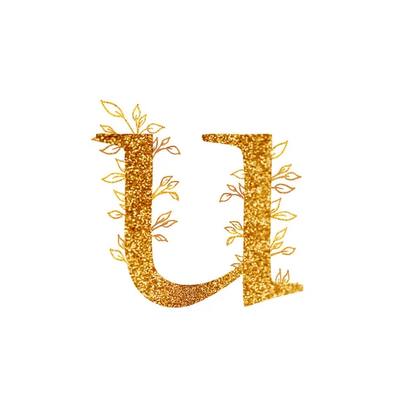 สาขาทองคําและตัวอักษร - ตัวอักษร U กับองค์ประกอบของกิ่งทอง. ตัวอักษรทองบนพื้นหลังสีขาว. องค์ประกอบการออกแบบโลโก้สําหรับคอลเลกชันเสื้อยืด . — ภาพถ่ายสต็อก