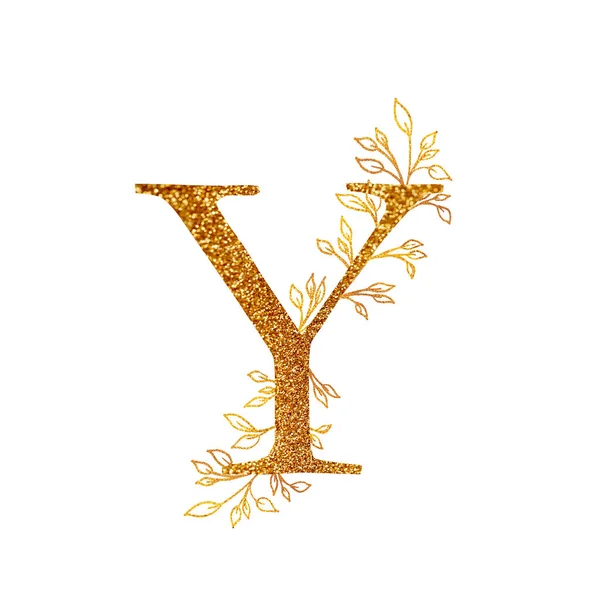 Gold Branch and alphabet - letter Y with gold twigs composition.Gold alphabet letter on white background. A logo design element for a collection of T-shirts. — Stok fotoğraf