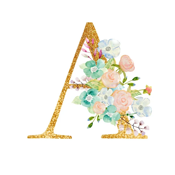 Watercolor floral bouquet and alphabet - gold letter A with flowers composition. Gold alphabet letter on white background. — Photo