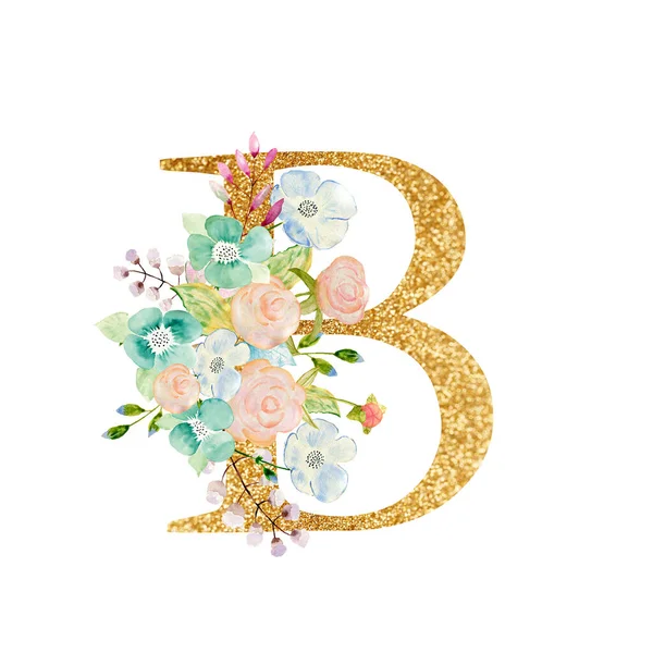Watercolor floral bouquet and alphabet - gold letter B with flowers composition. Gold alphabet letter on white background.