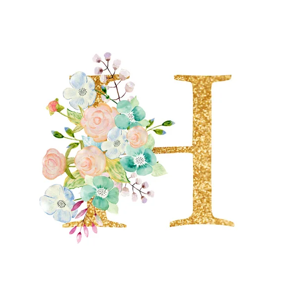 Watercolor floral bouquet and alphabet - gold letter H with flowers composition. Gold alphabet letter on white background. — Φωτογραφία Αρχείου