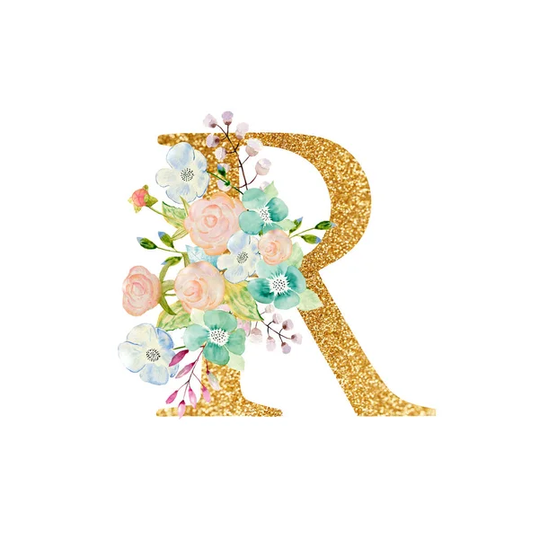 수채화 꽃다발 과 자음 - 황금색 글자 R 은 꽃 의구성을 나타낸다. 흰색 배경에 금자어 글자가 새겨져 있다. — 스톡 사진