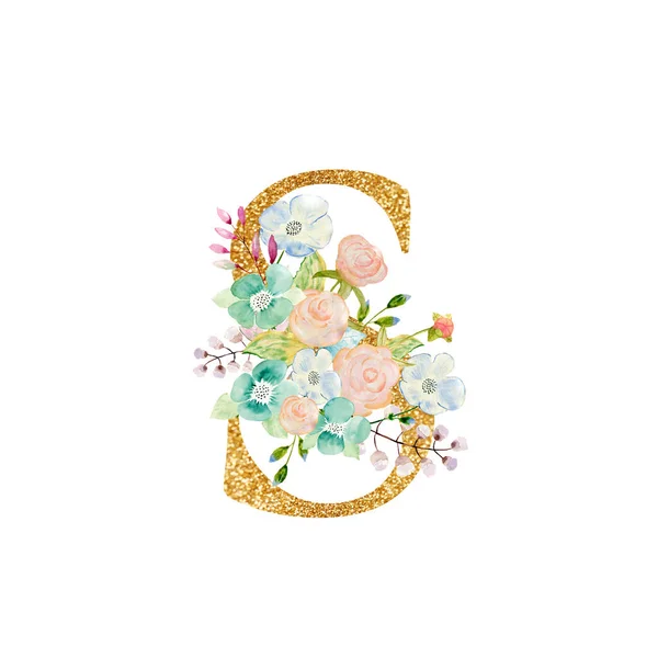 Watercolor floral bouquet and alphabet - gold letter S with flowers composition. Gold alphabet letter on white background. — Φωτογραφία Αρχείου