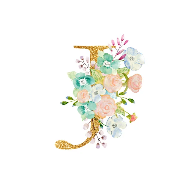 Watercolor floral bouquet and alphabet - gold letter J with flowers composition. Gold alphabet letter on white background. — Φωτογραφία Αρχείου