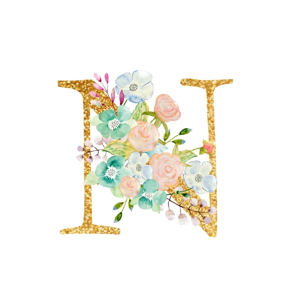 Watercolor floral bouquet and alphabet - gold letter N with flowers composition. Gold alphabet letter on white background. — Φωτογραφία Αρχείου