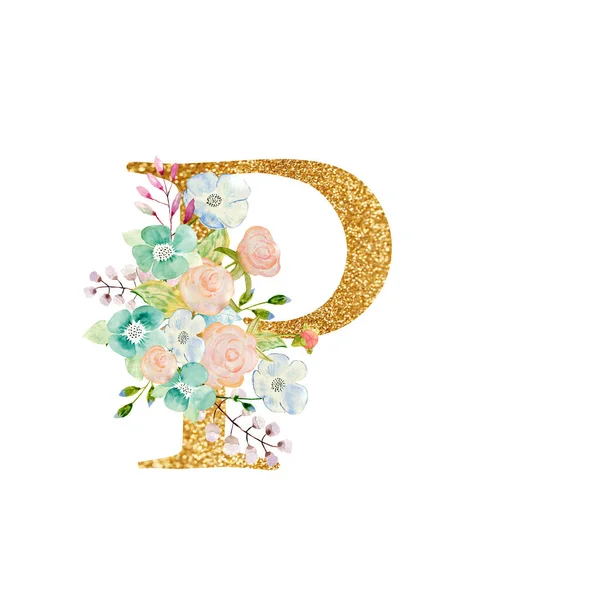 Watercolor floral bouquet and alphabet - gold letter P with flowers composition. Gold alphabet letter on white background. — Photo