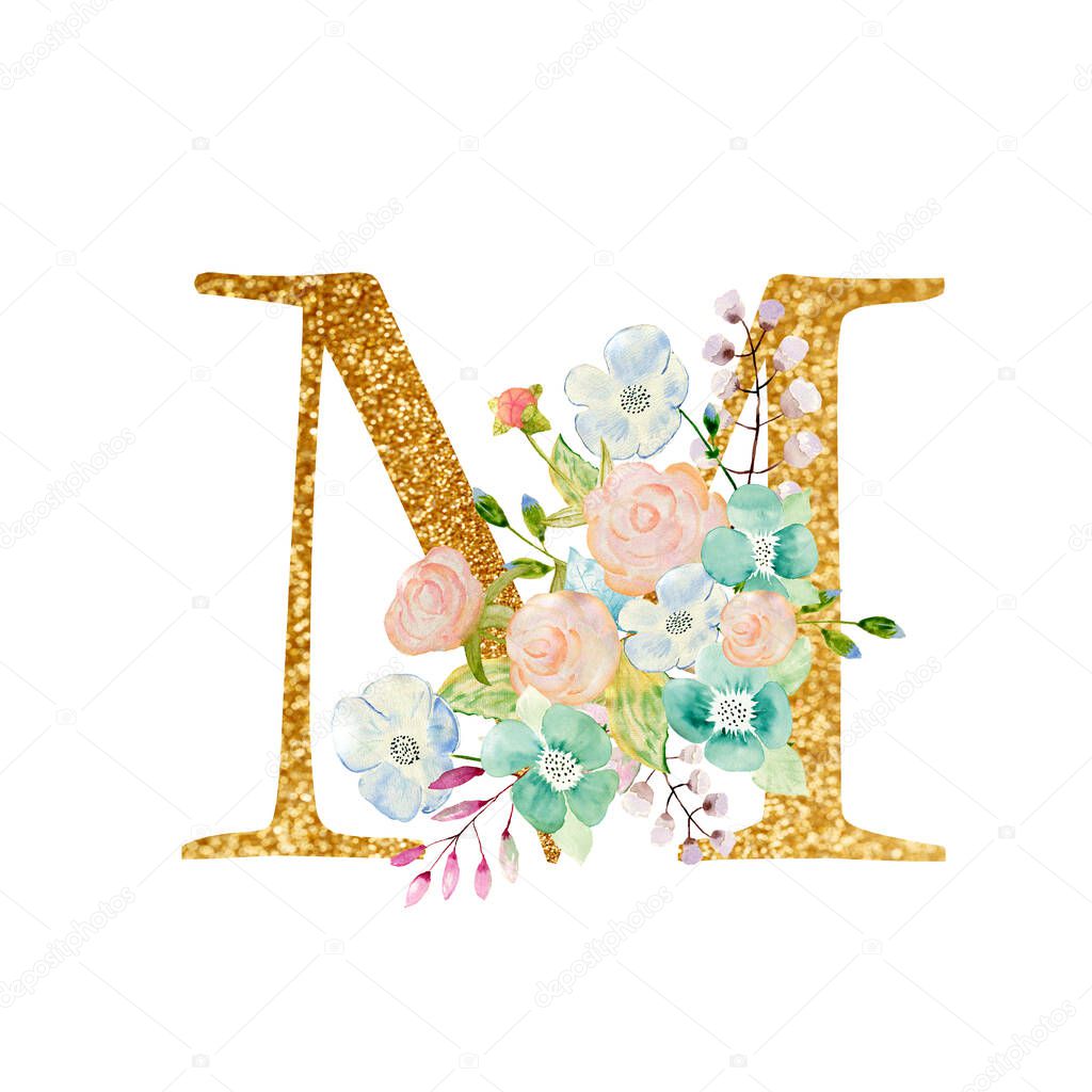 Watercolor floral bouquet and alphabet - gold letter M with flowers composition. Gold alphabet letter on white background.