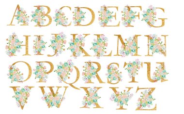 Çiçekli suluboya buket ve çiçek kompozisyonlu alfabe. Beyaz arkaplanda altın harfler.