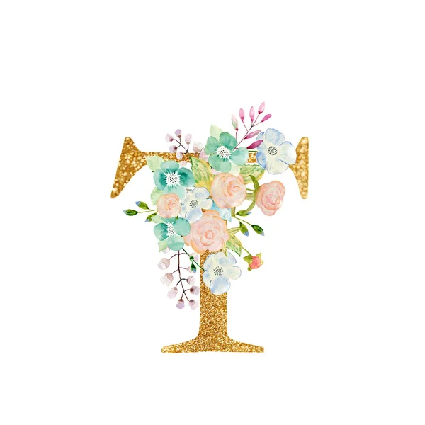 Watercolor floral bouquet and alphabet - gold letter T with flowers composition. Gold alphabet letter on white background. — Photo