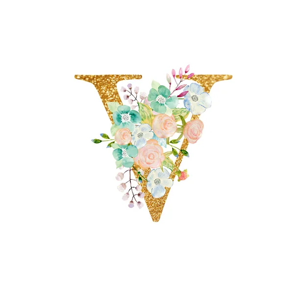 Watercolor floral bouquet and alphabet - gold letter V with flowers composition. Gold alphabet letter on white background. — Photo