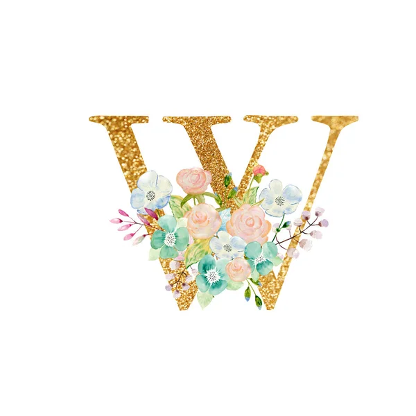 Watercolor floral bouquet and alphabet - gold letter W with flowers composition. Gold alphabet letter on white background. — Stock Photo, Image