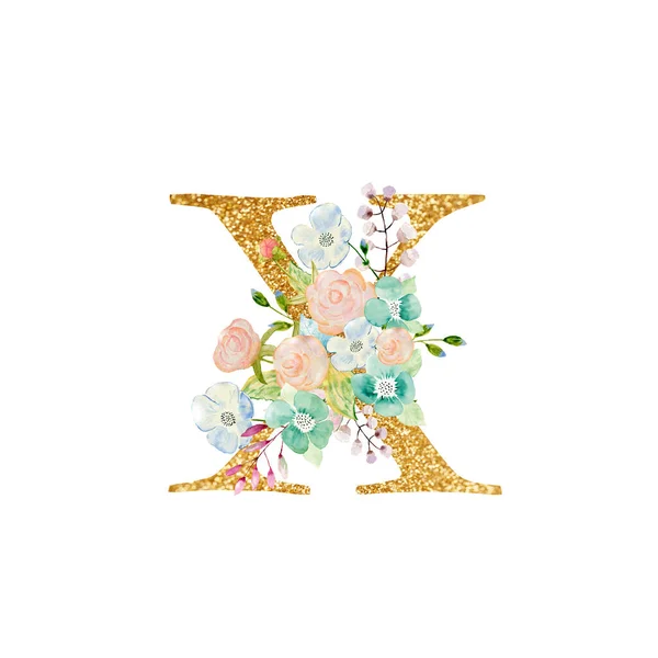 Watercolor floral bouquet and alphabet - gold letter X with flowers composition. Gold alphabet letter on white background.