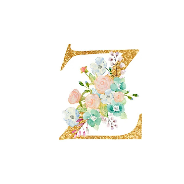 Akvarell blommig bukett och alfabet - guld bokstaven Z med blommor sammansättning. Guld alfabet bokstav på vit bakgrund. — Stockfoto