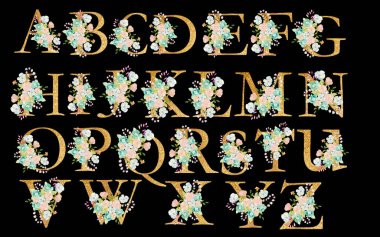 Çiçekli suluboya buket ve çiçek kompozisyonlu alfabe. Beyaz arkaplanda altın harfler.