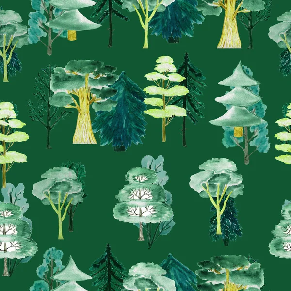 Δέντρα με ακουαρέλες. Απρόσκοπτο δάσος. Στοιχείο σχεδιασμού για τη συλλογή. Στοιχεία για το σχεδιασμό. — Φωτογραφία Αρχείου